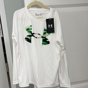 Under Armour White Shirt with Green Camo Logo